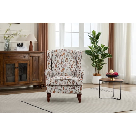 BOFANG Floral Print Accent Chair, Upholstered Armchair with Retro Wooden Legs & High Back,Yellow