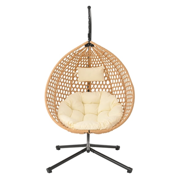 BOFANG Foldable Hanging Egg Chair with Stand, Heavy Duty Outdoor Swing Chair(Beige+Brown)