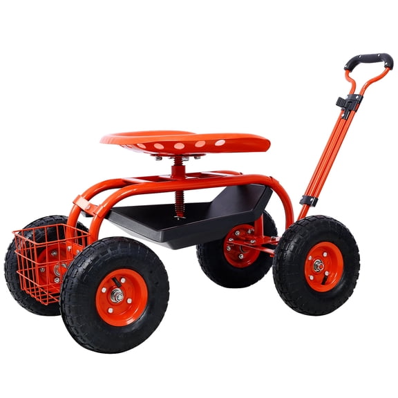 BOFANG Garden Scooter Cart with Swivel Seat, Tool Tray & 4 All-Terrain Wheels - Red