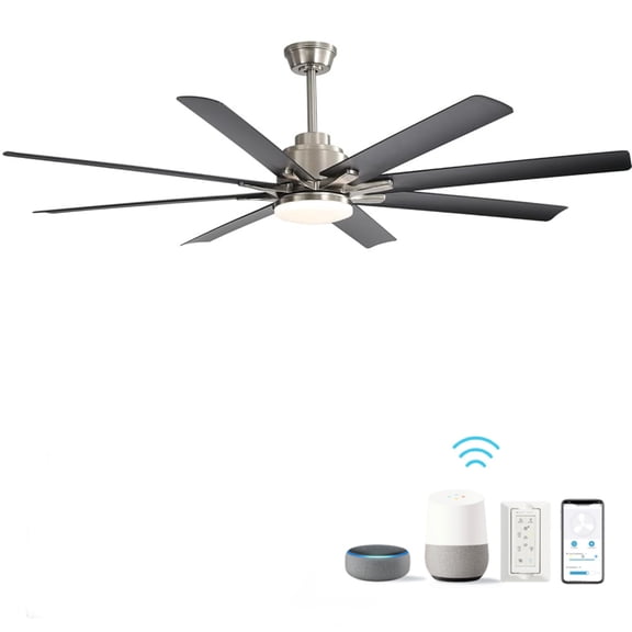 BOFANG Large Room Ceiling Fan with Lights 66 inch, Smart Control & Quiet 8 Blade Design,Nickel