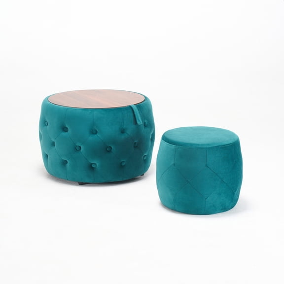 BOFANG Nesting Storage Ottomans Set, Velvet Round Footstool & Bench with Removable Tray,Blue
