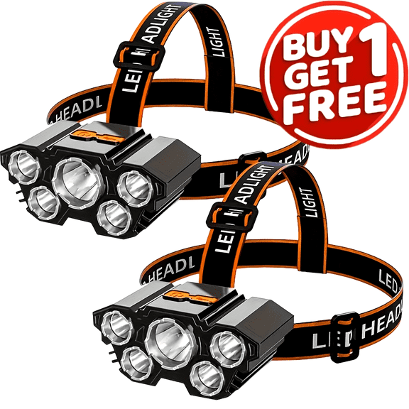 BOGO 2-Pack LED Headlamps - 5-Light Modes, USB Rechargeable - For Camping/Fishing/Car Repair - Hands-Free Work Light