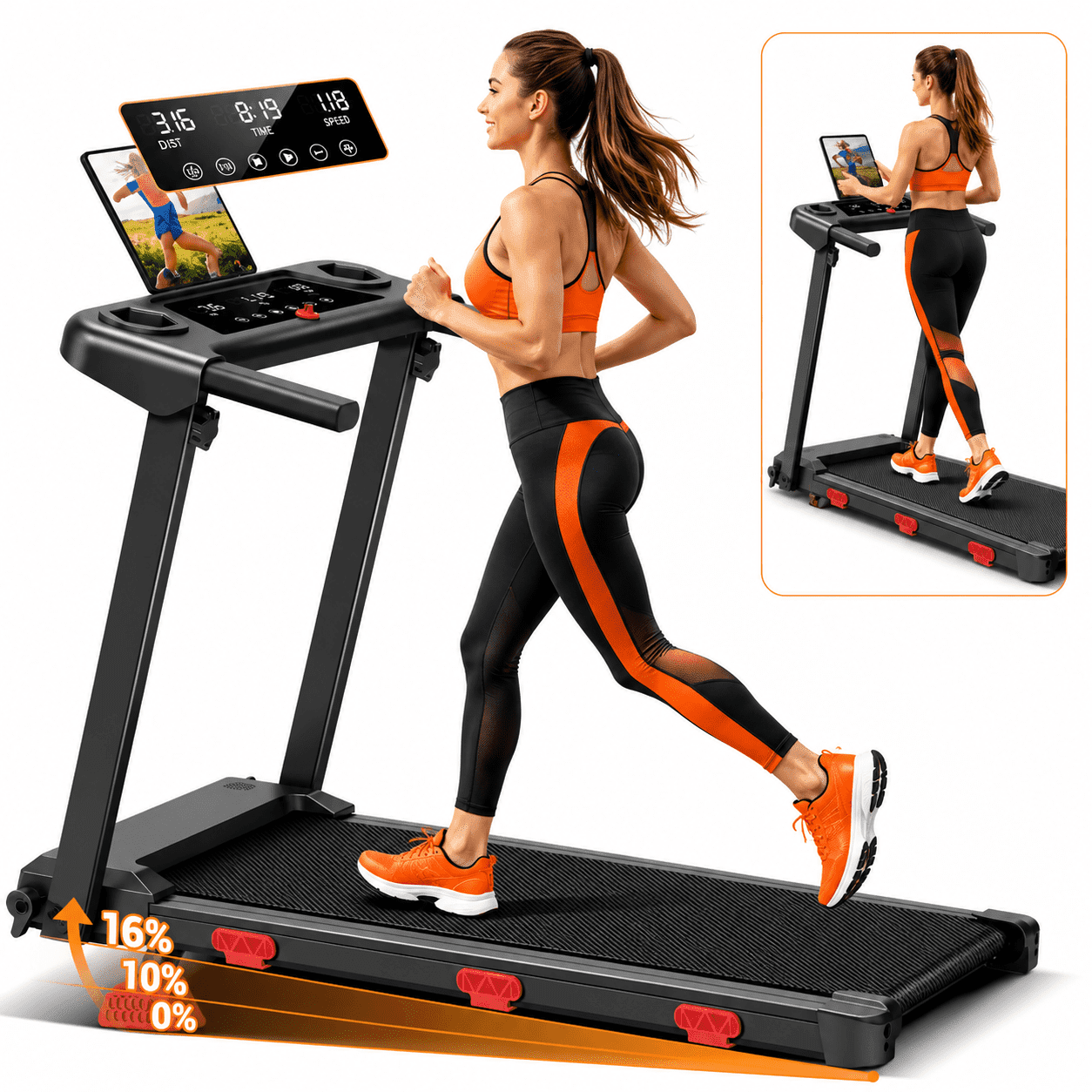 BOGYKIK Foldable Electric Treadmill with 15% Incline & Speed 0.6–7.5 MPH, 400 lbs Capacity 3.0HP Quiet Walking Pad with LED Screen, 7-Layer Shock-Absorbing Running Belt for Home Gym