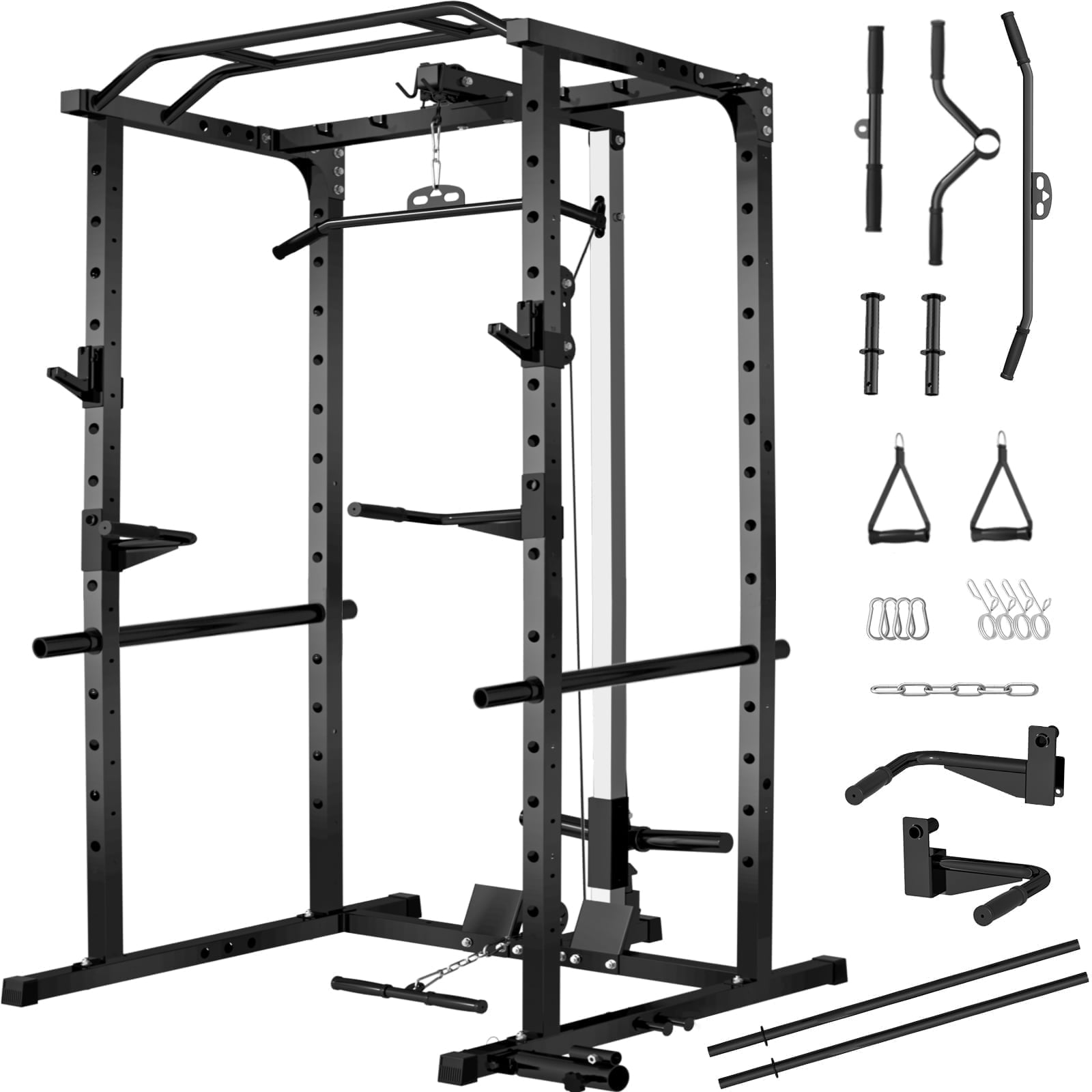BOGYKIK H30 BASE Power Rack with LAT Pulldown, 2000 lb Power Cage with Cable Pulley System, Pull-Up Bar & Attachments, Black