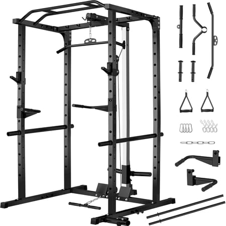 BOGYKIK H30 BASE Power Rack with LAT Pulldown, 2000 lb Power Cage with Cable Pulley System, Pull-Up Bar & Attachments, Black