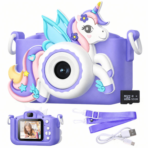 BOGYKIK Kids Camera for Girls 1080P, Purple Toddler Video Camera with 32GB SD Card, Christmas Birthday Gifts for Ages 3-12