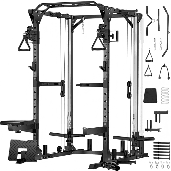 BOGYKIK Power Cage with Cable Crossover System, 2000 lb Power Rack with Dual Pulleys, Lat Pulldown Seat, 25 Attachments, Squat Rack for Home Gym, Black