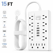 BOHASHIN 15FT Flat Plug Power Strip Surge Protector, 11 AC Outlets with 4 USB & 2 USB-C Ports, 1250W/10A Extension Cord, Overload Protection, Wall Mount for Hom