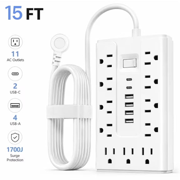 BOHASHIN 15FT Flat Plug Power Strip Surge Protector, 11 AC Outlets with 4 USB & 2 USB-C Ports, 1250W/10A Extension Cord, Overload Protection, Wall Mount for Home Office Dorm(White)