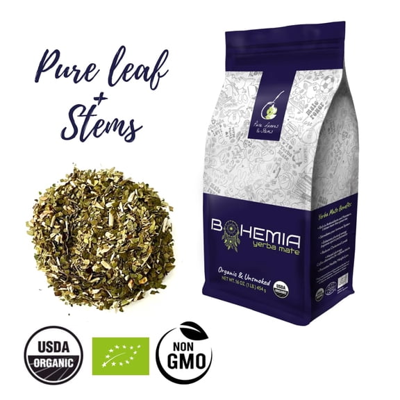 BOHEMIA YERBA MATE Tea Pure Loose Leaf +Stems- USDA Organic & Unsmoked - High Caffeine Tea - Coffee Substitute Energy Booster -1 LB /454 grs