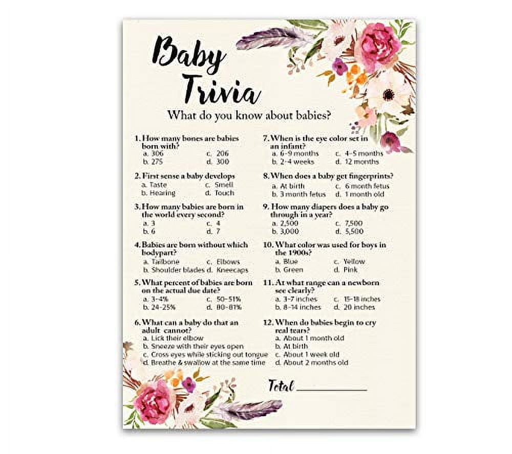 BOHEMIAN Baby Shower Game - BOHO BABY TRIVIA Game - Pack of 25 - Fun Baby Facts Game, GIRL Baby Shower Game, Bohemian Pink Floral Baby Shower Activity, Trivia Girl Baby Shower Game, SKU