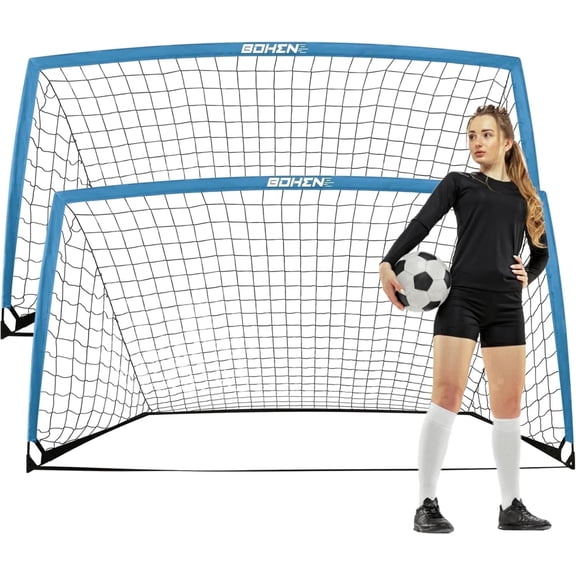 BOHEN 9x5ft Portable Soccer Goal for Kids Backyard with Carry Bag - Easy Folding Lightweight Fun Outdoor Indoor for Teen Youth Adult (Blue, 2 packs)