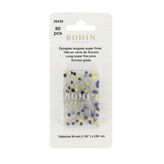 BOHIN Super Fine Blue and Yellow Glass Head Sewing Pins 26436