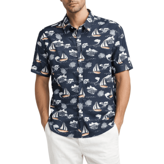 BOHIO Casual Short Sleeve Button Down Shirt, Navy Sailboat Ocean Print Resort Shirt (Men)