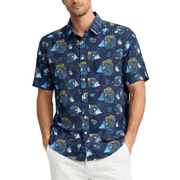 BOHIO Casual Short Sleeve Button Down Shirt, Navy Tropical Fish Print Resort Shirt Men