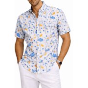 BOHIO Men s Fisherman Short Sleeve Button Down Shirt, White Flamingo Resort Shirt