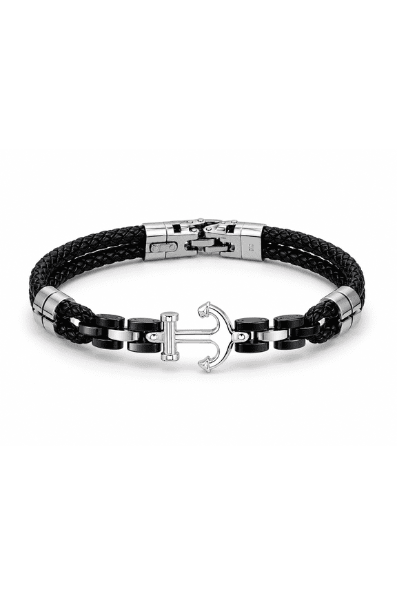 Men's Nautical Anchor Bracelet  Genuine Leather Bracelet with Stainless Steel Chain Accent, Marine-Inspired Anchor Jewelry for Men, Magnetic Clasp Wristband