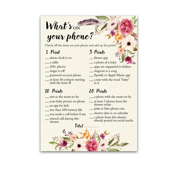 BOHO Baby Shower Game WHAT'S ON YOUR PHONE Baby Shower Game — Pack of 25 — GIRL Baby Shower Games Bohemian Pink Floral, Baby Girl Shower Activity, Flowers Feather Phone Game G400-PHN
