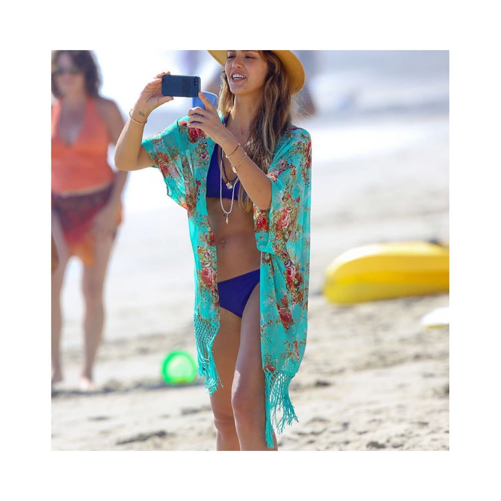 BOHO Beach Dress Swim Cover Up Floral Swim Dress Open Front tassels Bikini Wrap Walmart