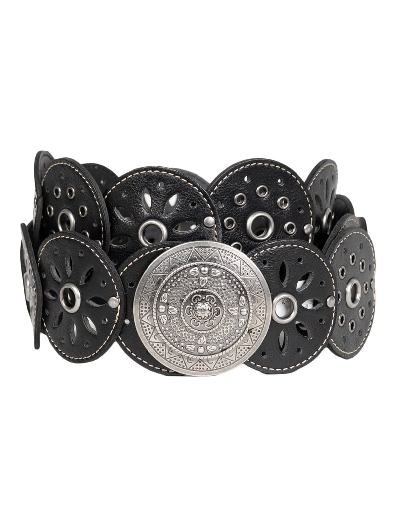 BOHO WESTERN CONCH LEATHER BELT BLACK LEACOOLKEY Women Western Leather Belt Boho Disc Conch Waist  main image 3