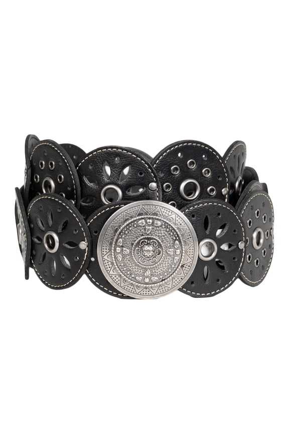 Women's Boho Concho Faux Leather Belt with Antique Buckle