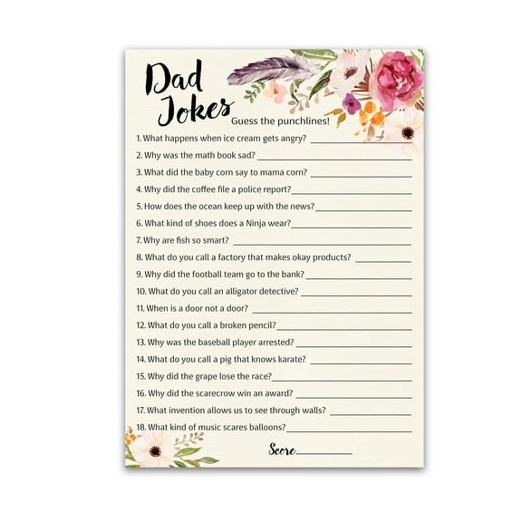 BOHO DAD JOKES Baby Shower Games, Daddy Jokes Shower Trivia Games - Pack of 25 - Fun Dad Joke Game, GIRL Bohemian Pink Floral Funny Joke Trivia, Rustic Sprinkle Gender Reveal Party G400-DJK