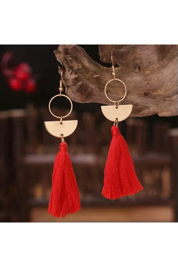 BOHO Geometric Copper Disc Fringe Tassel Dangle Drop Earrings Boutique Gift New