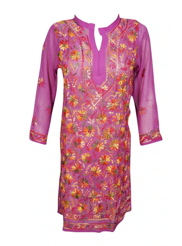 BOHO Pink Kaftan, Long Tunic, Colorful Floral Embroidered Sheer M