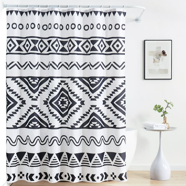 BOHO Shower Curtain, Fabric Farmhouse Style, Black and White Bathroom