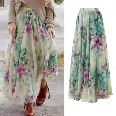 New Chiffon BOHO Ladies Floral Jersey Gypsy Long Maxi Full Skirt Sun ...