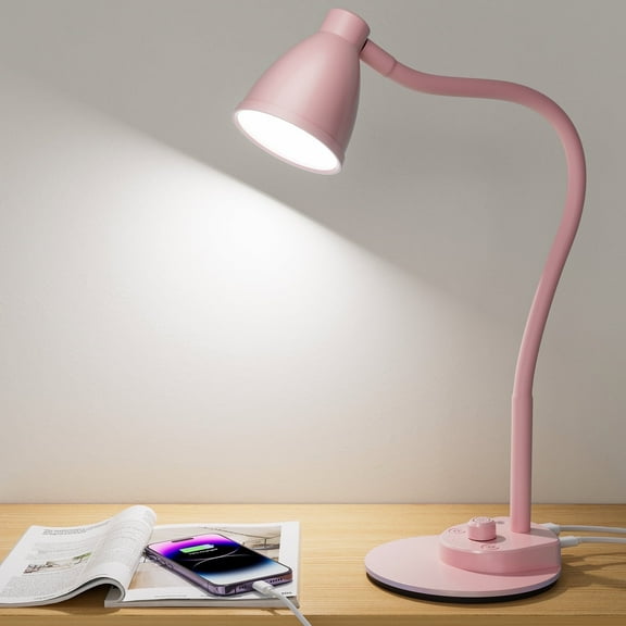 BOHON Cute Desk Lamp with USB Charging Port, Pink Lamp 3 Color Modes Dimmable LED Reading Lamp, Flexible Gooseneck Auto Dimming Table Task Light for Home Office Dorm Bedside, Pink