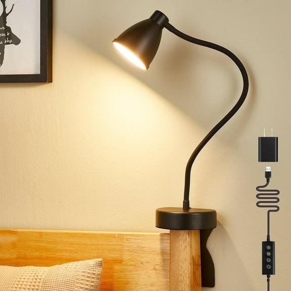 BOHON Reading Lights for Books in Bed, Without Install Bedside Lamp, 5 Color 10 Brightness, Half Hour Auto-Off Timer Bed Lamp, Flexible Gooseneck Wall Lamps for Bedroom Headboard Office Home Black