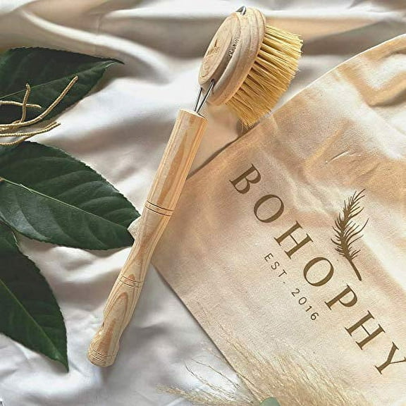 BOHOPHY Body Wash Brush, Wood Exfoliating Brush with Long Handle, Wooden Back Exfoliator Scrubber for Legs and Back, Stiff Bristle Back Washer for Wet Dry Brushing, No Plastic Tampico Fiber