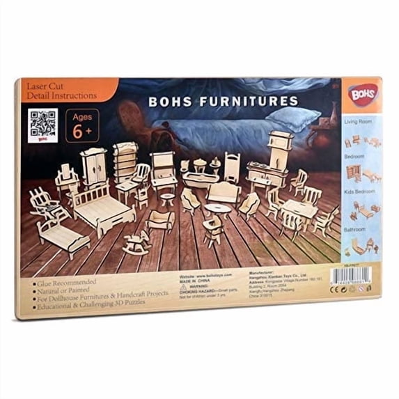 BOHS 34-Piece Dollhouse Furniture Set -1/24 Scale, Laser Cut Wooden 3D Puzzles - Miniature Doll House DIY Models and Accessories