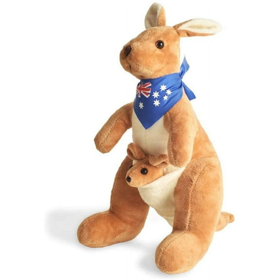 BOHS Kangaroo Stuffed Animal Toy with Joey in Pouch and Australia Scarf - Soft and Cuddly Plush Toy for Kids - 11.8 Inches