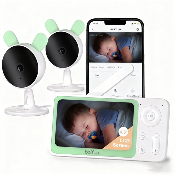 4.3'' 4X Zoom, Split Screen Video Baby Monitor WiFi, 2 Cameras, Smartphone APP Control & LCD Monitor, AI Motion & Sound Detection, 1080P Smart (Monitor para Bebe), Area Alarm, Video Recording