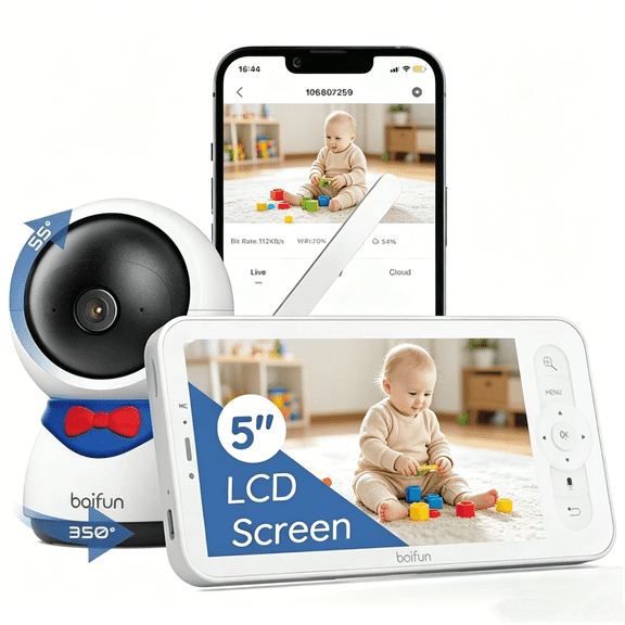 5" Baby Monitor, 1080P WiFi Baby Camera with Audio Remote Pan-Tilt-Zoom and App Control, Night Vision, 2-Way Talk, Cry& Motion Detection