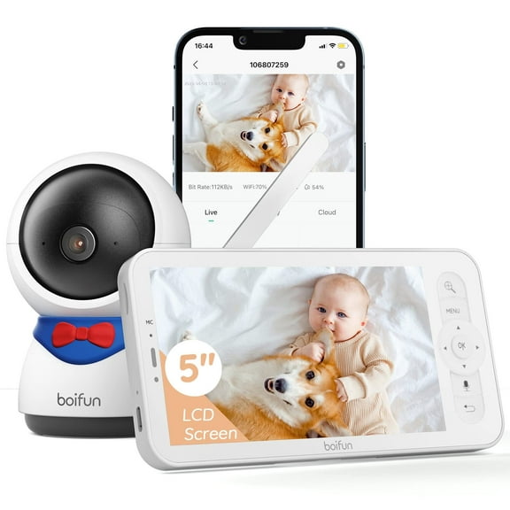 BOIFUN Video Baby Monitor with Remote Pan-Tilt-Zoom, 1080P, Motion Detection & Auto Track, 300M Long Range, APP, Night Vision, 5'' Smart Baby Monitor with Camera and Two-way Audio