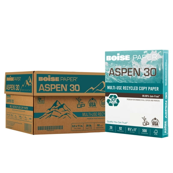 BOISE ASPEN 30% Recycled Multi-Use Copy Paper, 8.5" x 11" Letter, 92 Bright White, 20 lb., 10 Ream Carton (5,000 Sheets)
