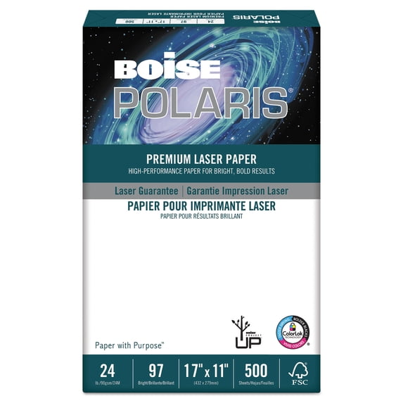 BOISE POLARIS Premium Laser Paper, 11" x 17" Ledger, 98 Bright White, 24 lb., 1 Ream (500 Sheets)