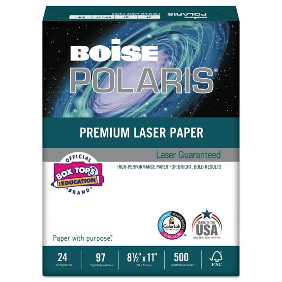 BOISE POLARIS Premium Laser Paper, 8.5" x 11" Letter, 98 Bright White, 24 lb., 1 Ream (500 Sheets)