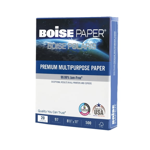 BOISE POLARIS Premium Multipurpose Copy Paper, 8.5" x 11" Letter, 97 Bright White, 20 lb., 1 Ream (500 Sheets)