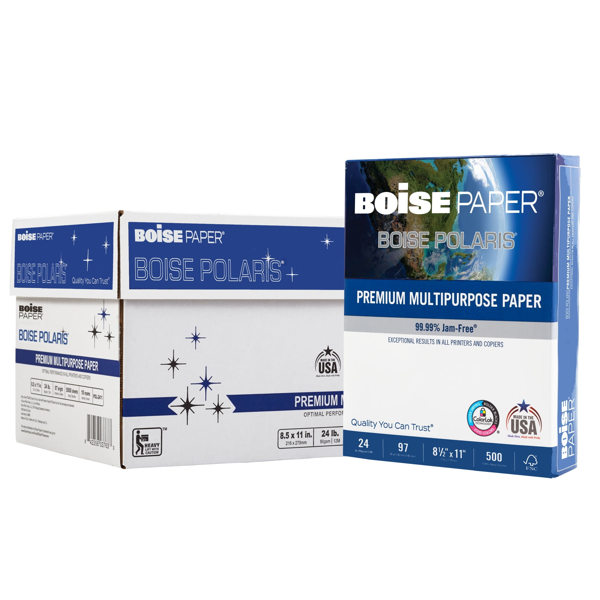BOISE POLARIS Premium Multipurpose Copy Paper, 8.5" x 11" Letter, 97 Bright White, 24 lb., 10 Ream Carton (5,000 Sheets)