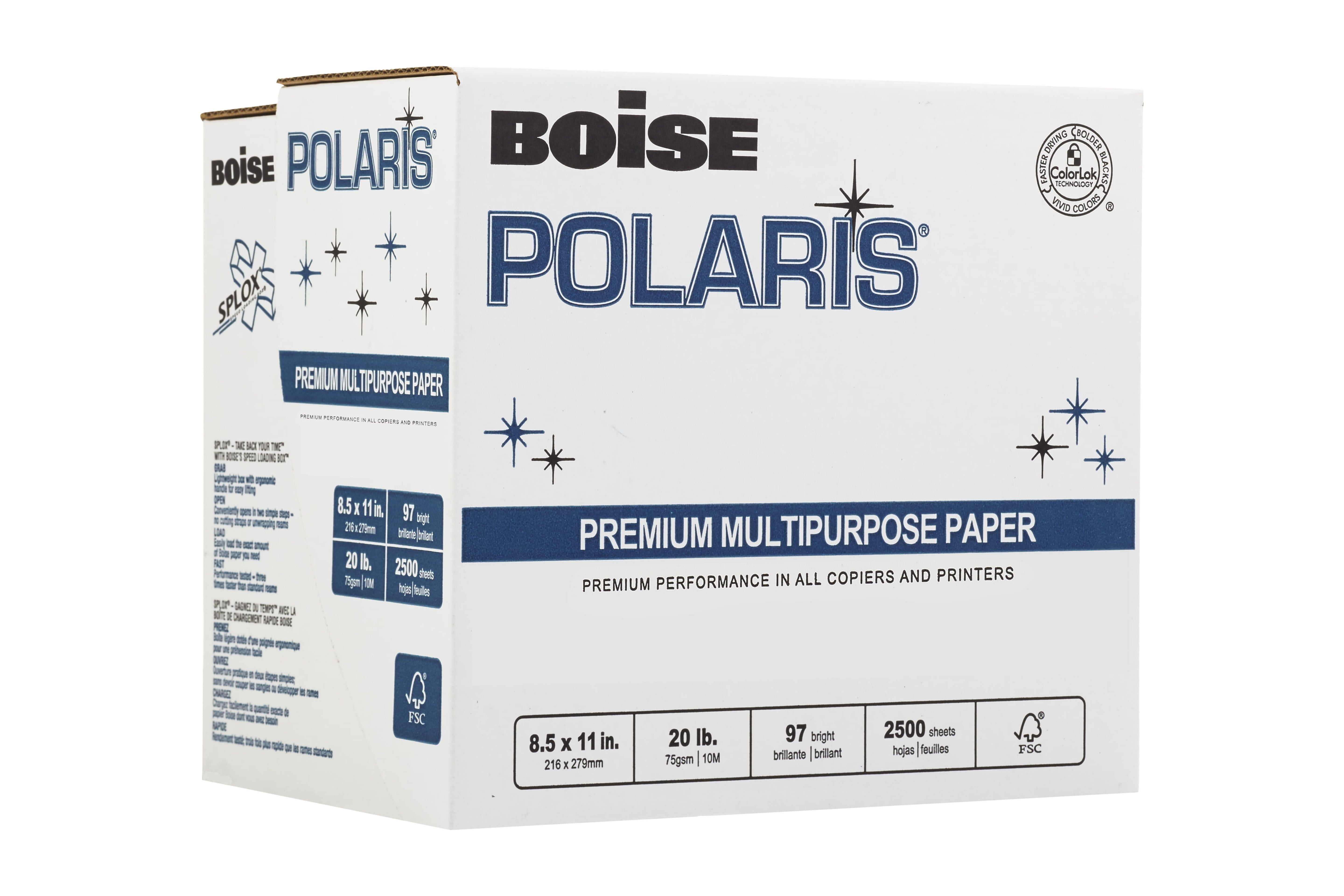 BOISE POLARIS Premium Multipurpose Copy Paper, 8.5" x 11" Letter, SPLOX Speed Loading Reamless Easy Carry Box, 97 Bright White, 20 lb. (2,500 Sheets)