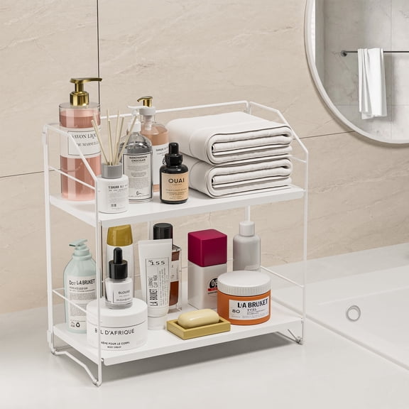 BOIVSHI Bathroom Counter Organizer, 2-Tier Standing Countertop Shelf, Height Adjustable Spice Rack Organizer, Cosmetic Storage Organizer for Bathroom, Desktop, Metal White