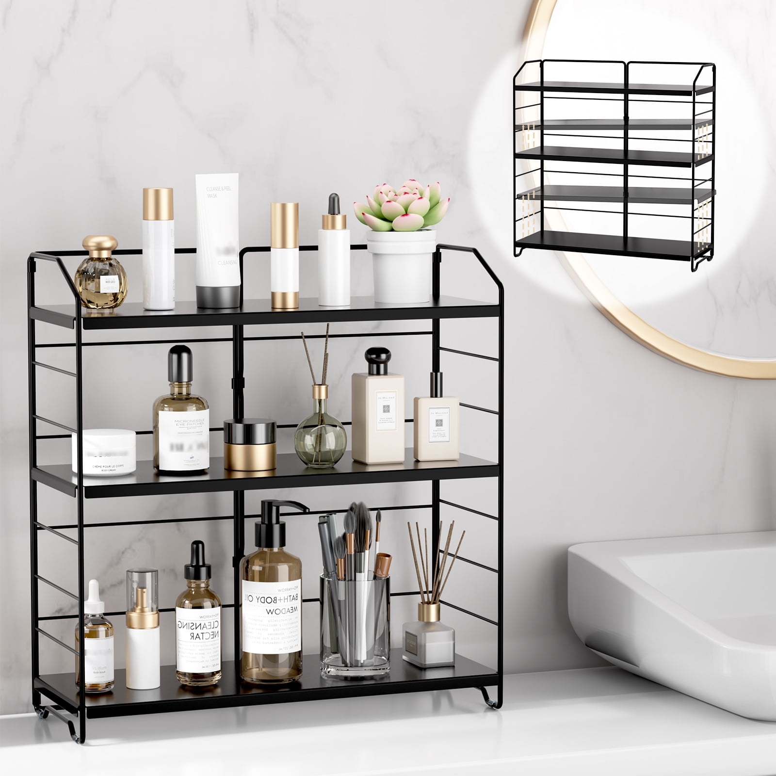 BOIVSHI Bathroom Countertop Organizer 3 Tier Adjustable Spice Rack Counter Organization and Storage for Kitchen Bedroom Offices,Black