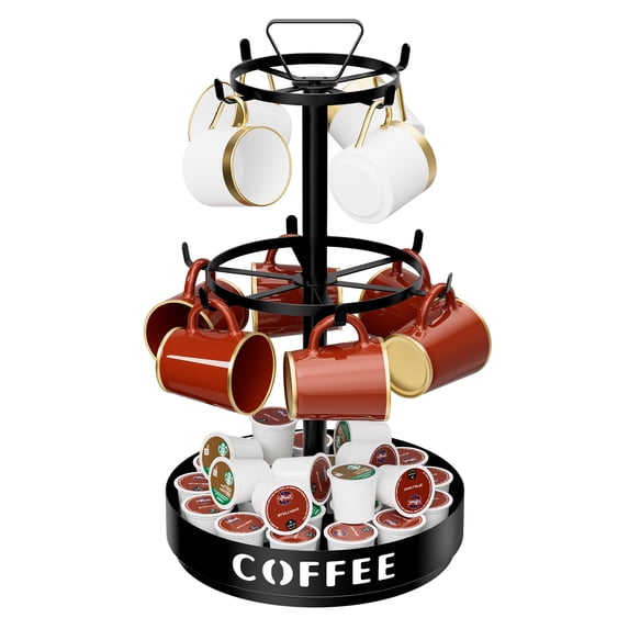 BOIVSHI Coffee Cup Holder-Coffee Pod & Mug Carousel – Holds 10 Cups, Capsule Storage, Steel, Black