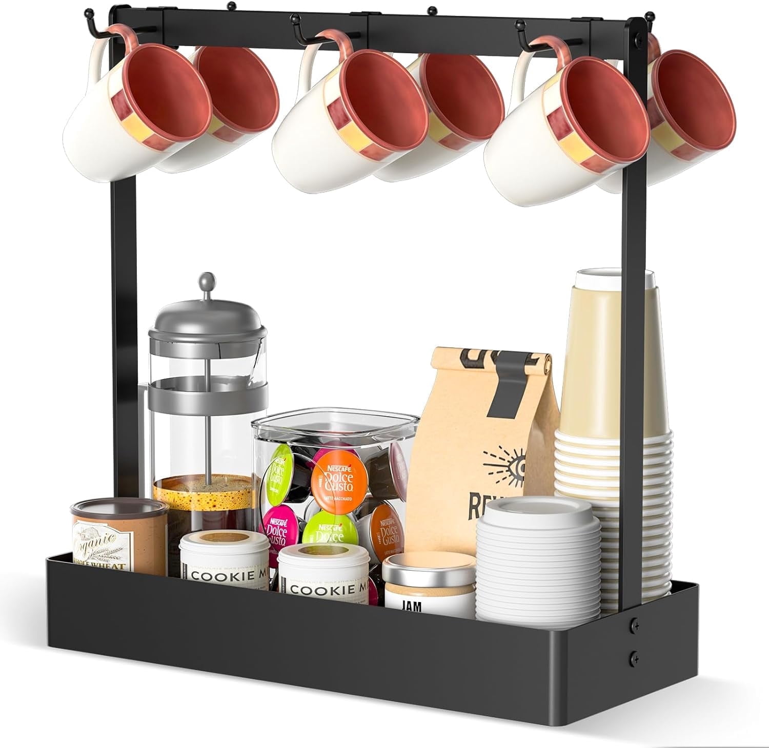BOIVSHI Coffee Cup Mug Holder with Movable Hooks,Mug Tree Holder Rack with Storage Base Coffee Cup Holder for Countertop, Black 6 Hooks