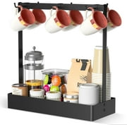 BOIVSHI Coffee Cup Mug Holder with Movable Hooks,Mug Tree Holder Rack with Storage Base Coffee Cup Holder for Countertop, Black 6 Hooks