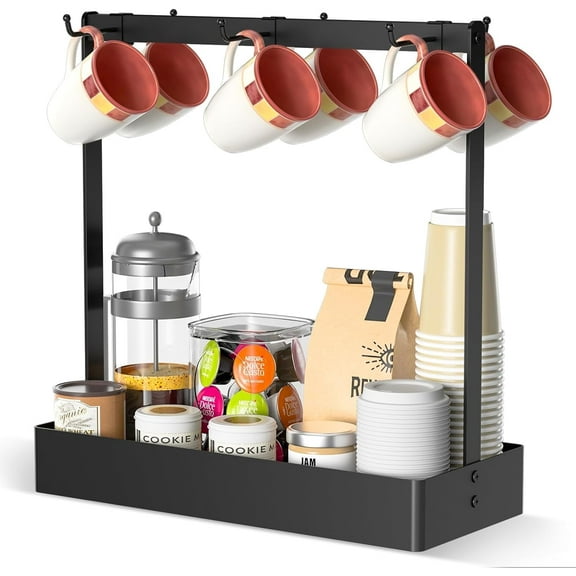 BOIVSHI Coffee Cup Mug Holder with Movable Hooks,Mug Tree Holder Rack with Storage Base Coffee Cup Holder for Countertop, Black 6 Hooks